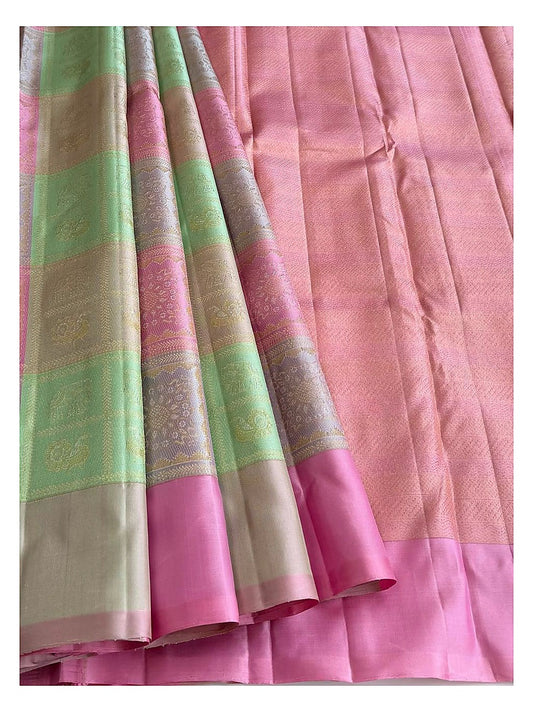Pink Handwoven Kanchipuram Silk Saree with Mint Green Zari Checks