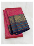 Pink handwoven Kanchipuram silk saree folded with navy elephant border and multicolour stripe detailing