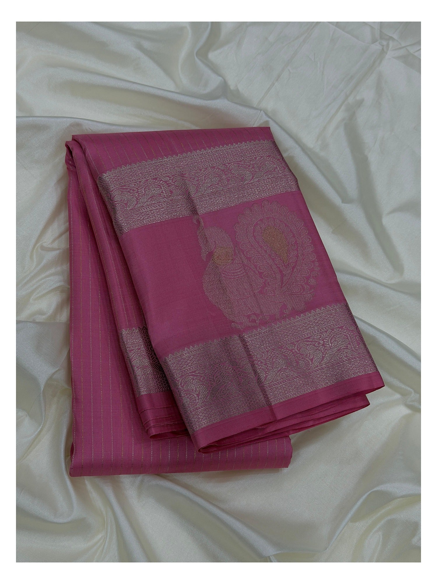 Pink Handwoven Kanchipuram Silk Saree with Peacock Motif front view