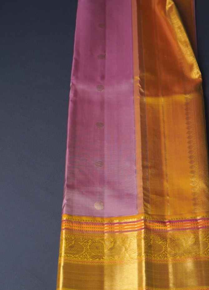 Korvai Border Saree with Devadatta (Flying Horse) & Coin Butta, Accented with Orange-Pink Border Highlights