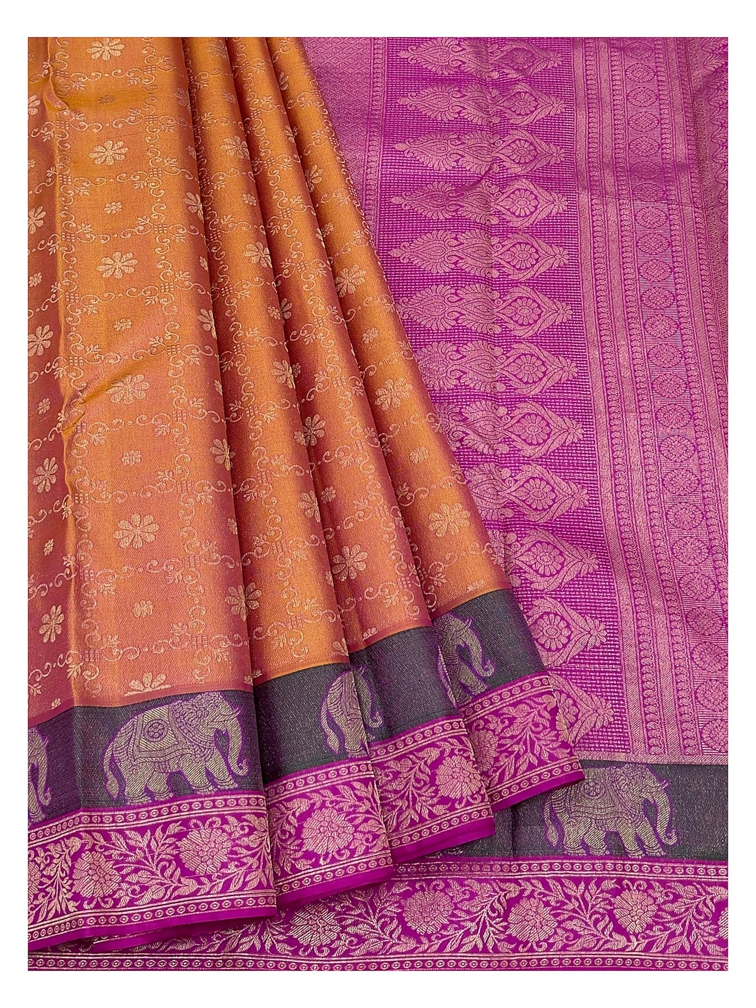 Mustard pure silk saree with magenta pallu, elephant border and detailed open drape view