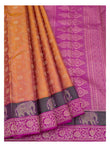 Mustard pure silk saree with magenta pallu, elephant border and detailed open drape view
