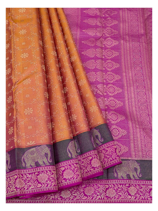 Mustard pure silk saree with magenta pallu, elephant border and detailed open drape view