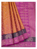 Mustard pure silk saree with magenta pallu, elephant border and detailed open drape view