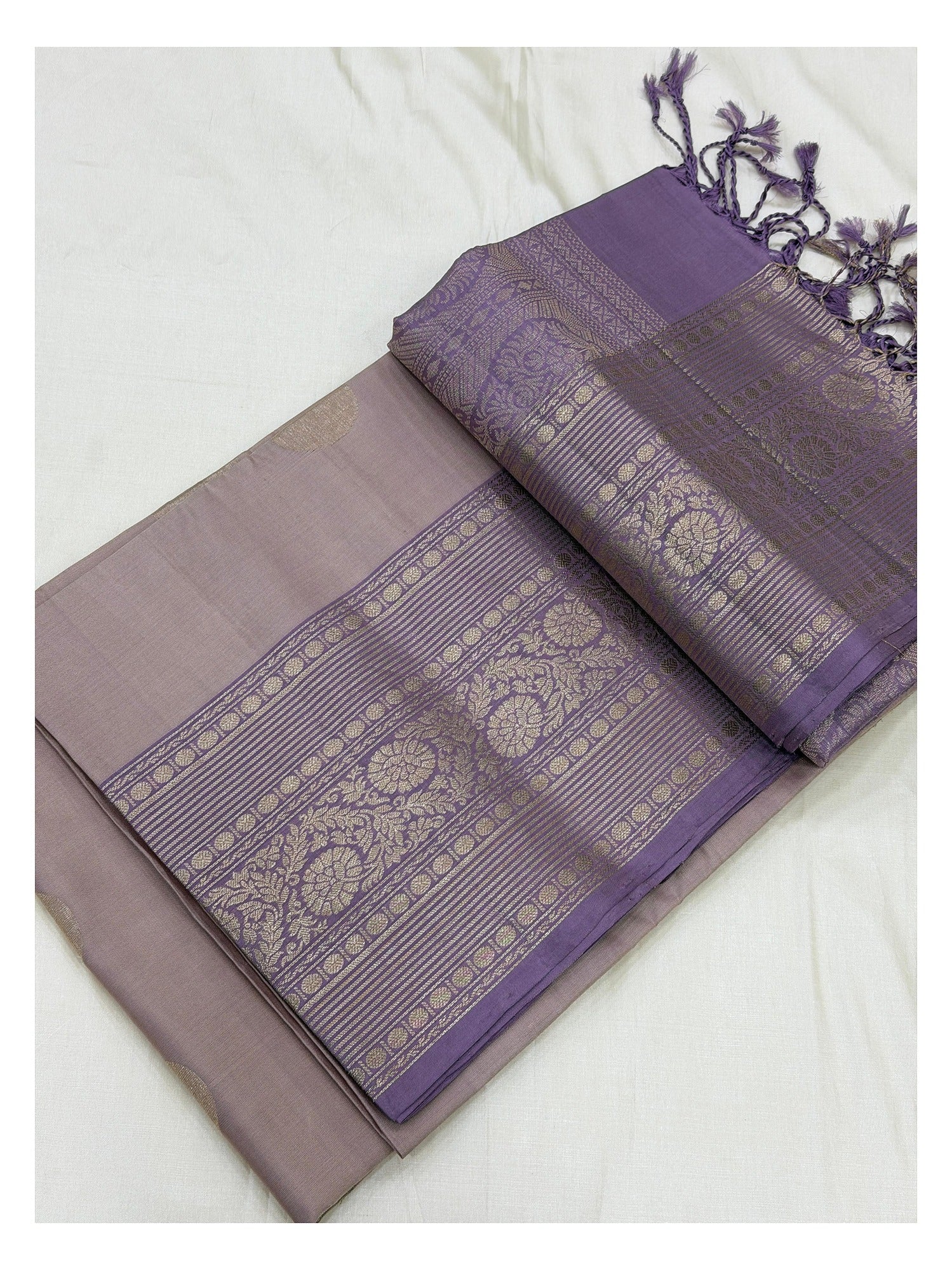 Pure Silk Double Warp Saree - Dusty Mauve with Purple Zari Border front view