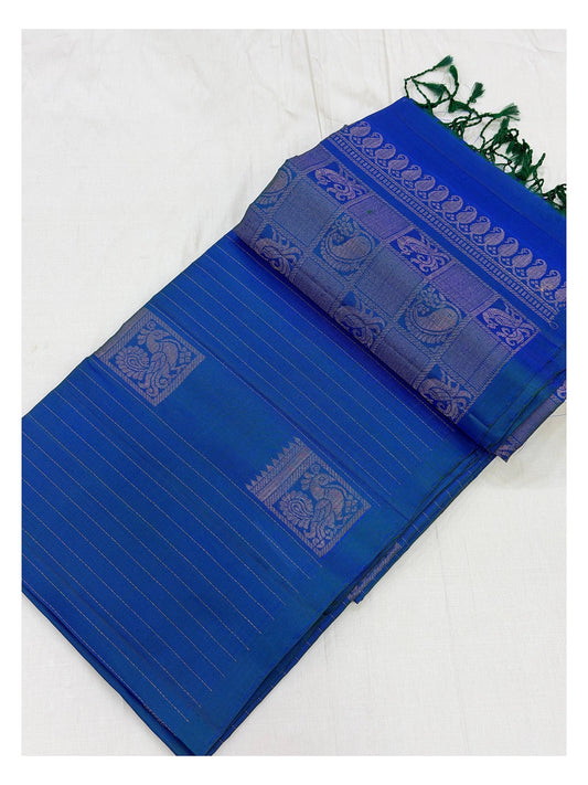Pure Silk Double Warp Saree - Royal Blue with Zari Buttas front view