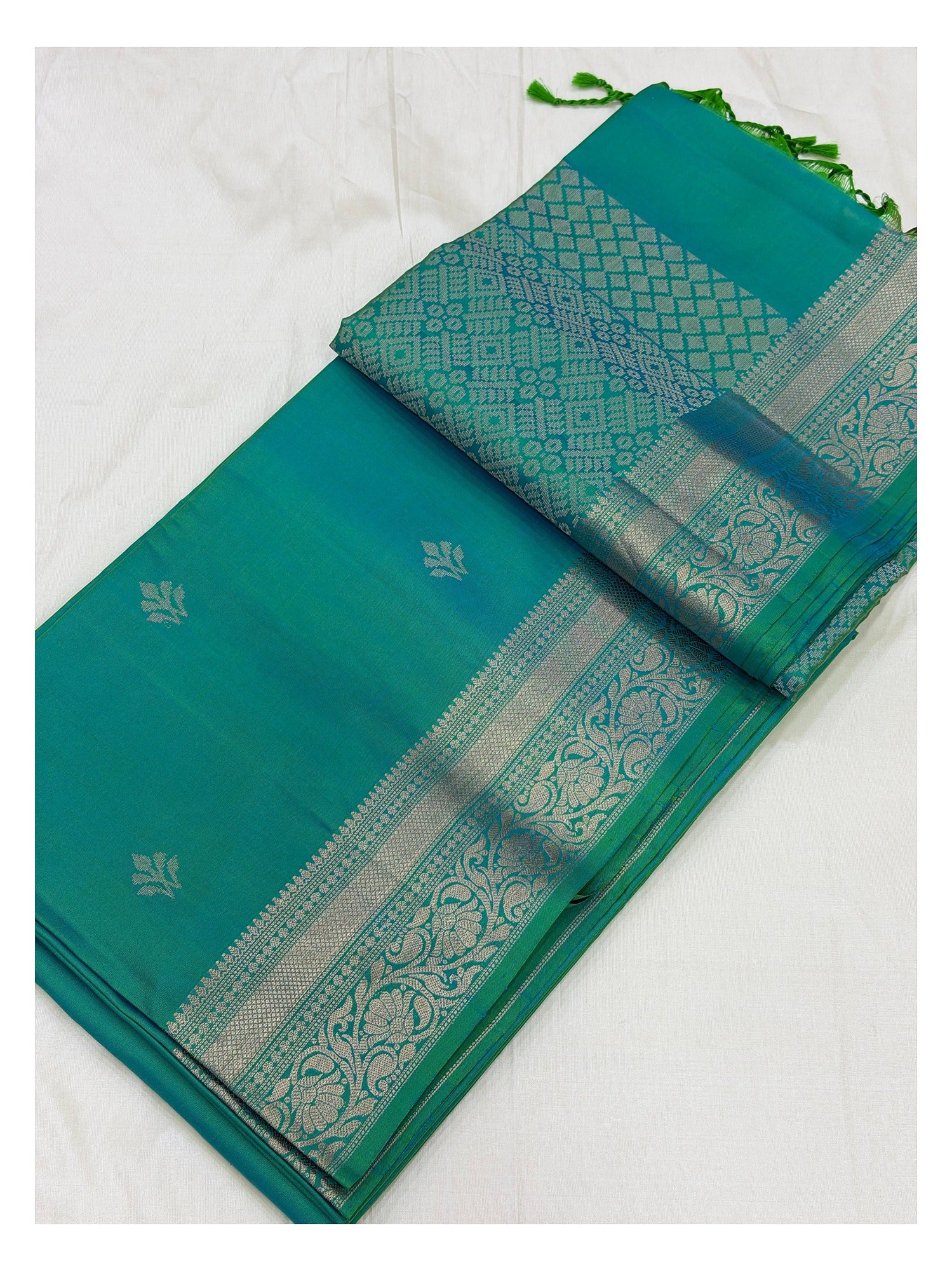 Pure Silk Double Warp Saree - Teal with Silver-Toned Woven Border front view