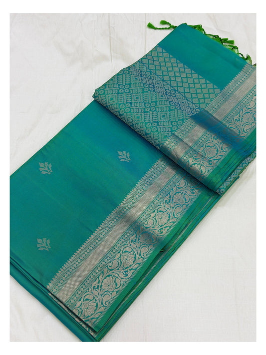 Pure Silk Double Warp Saree - Teal with Silver-Toned Woven Border front view