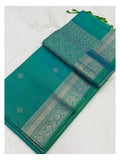 Pure Silk Double Warp Saree - Teal with Silver-Toned Woven Border front view