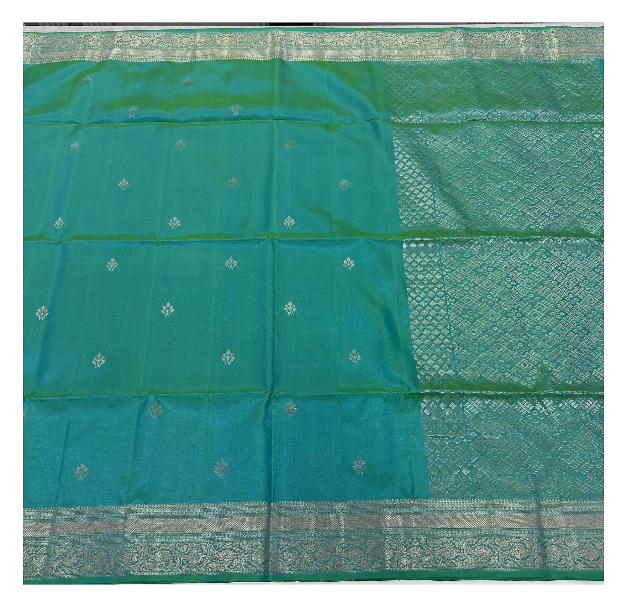 Pure Silk Double Warp Saree - Teal with Silver-Toned Woven Border