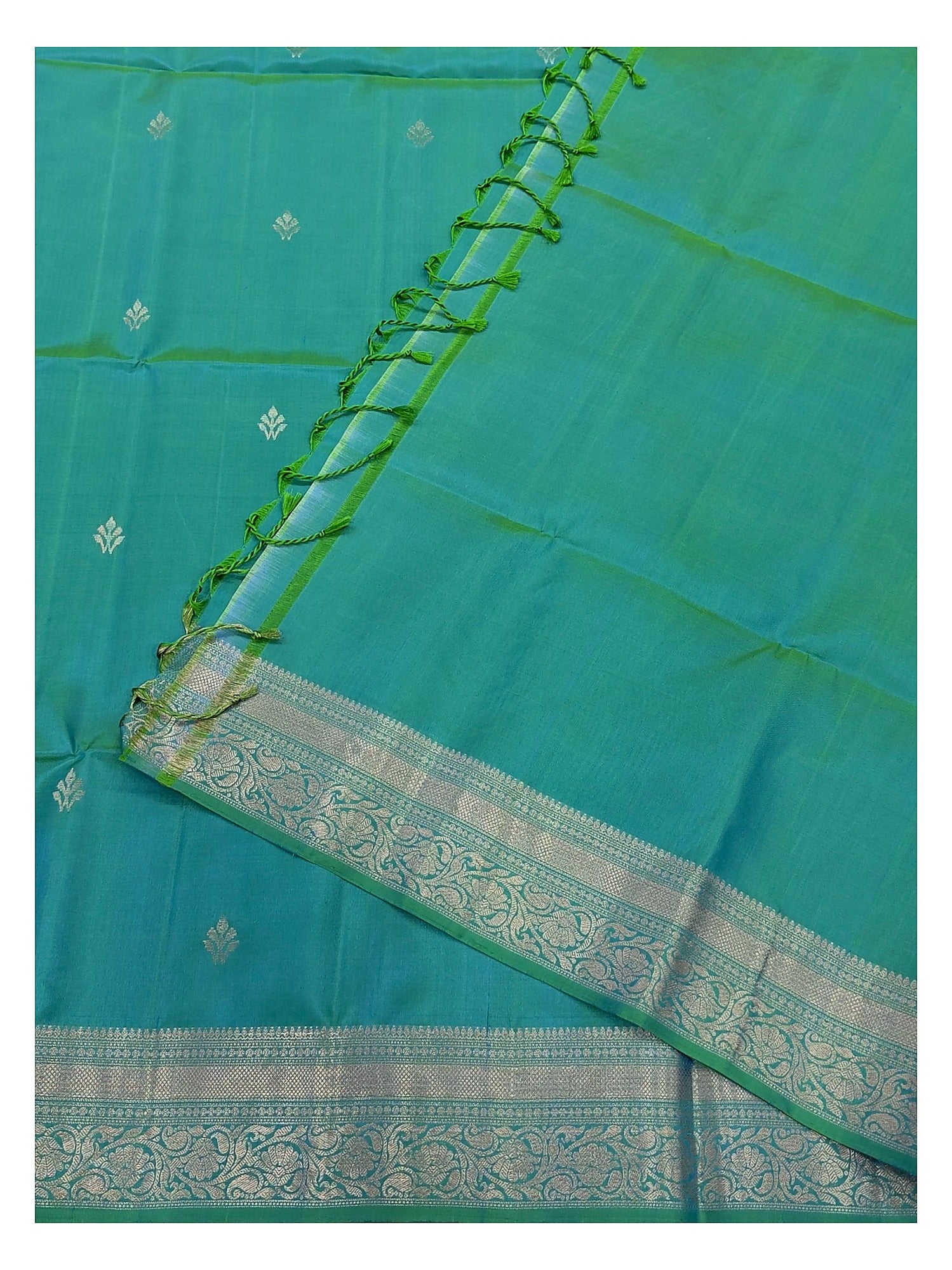 Pure Silk Double Warp Saree - Teal with Silver-Toned Woven Border