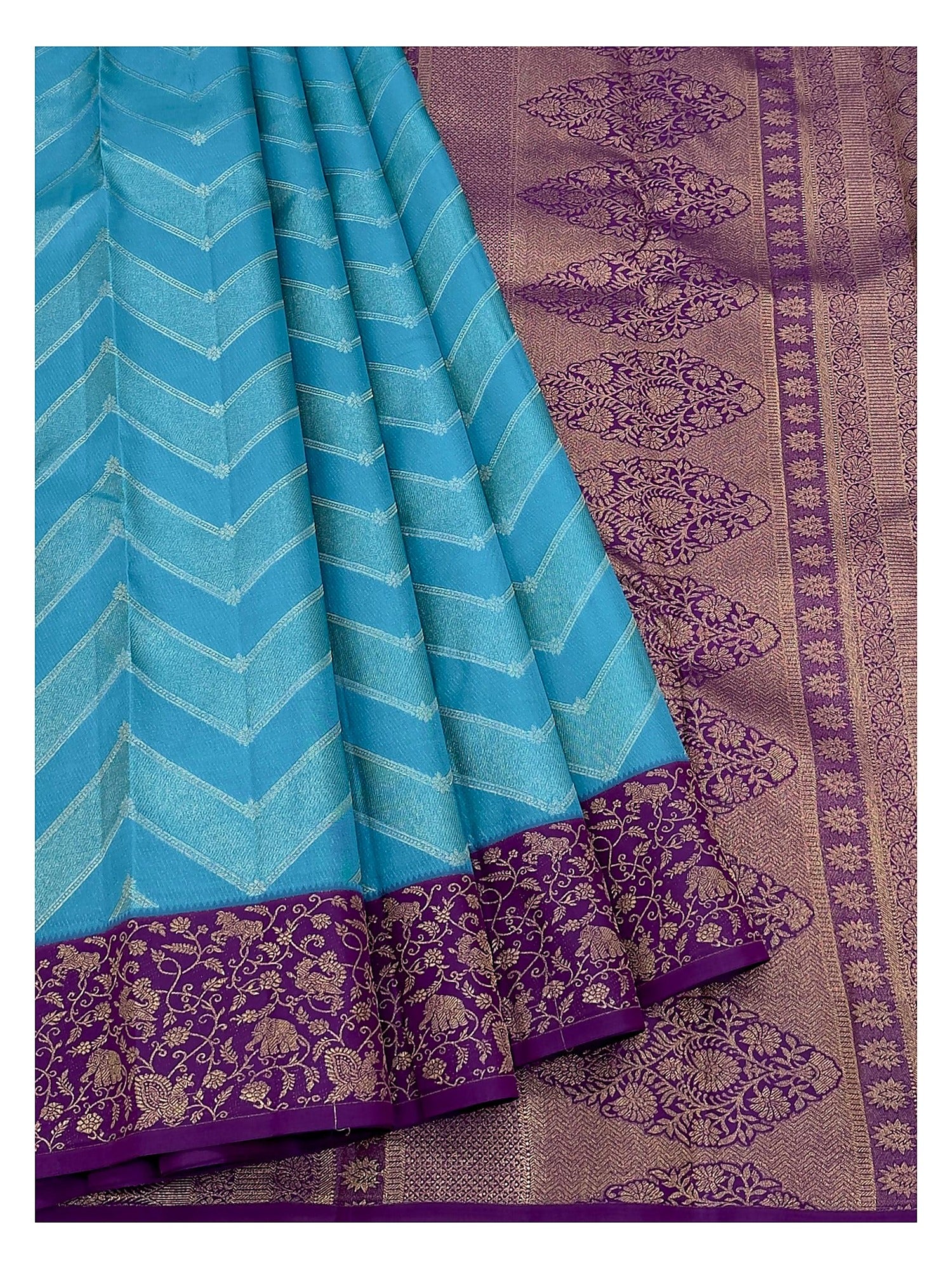 Pure Silk Saree - Aqua Blue with Purple Contrast Border and Woven Chevron Body