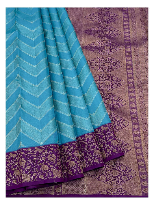 Pure Silk Saree - Aqua Blue with Purple Contrast Border and Woven Chevron Body