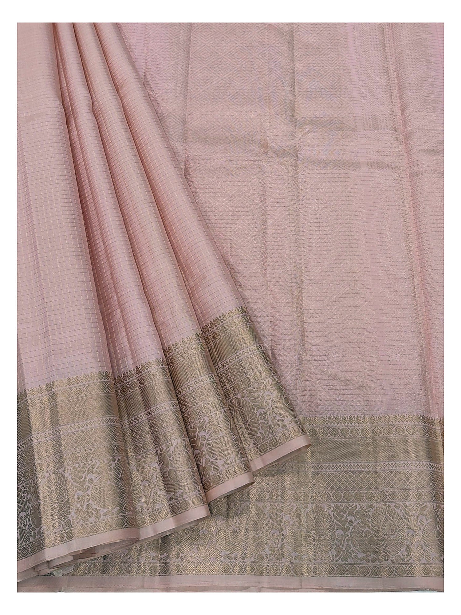 Pure Silk Saree - Blush Pink with Gold Zari Border