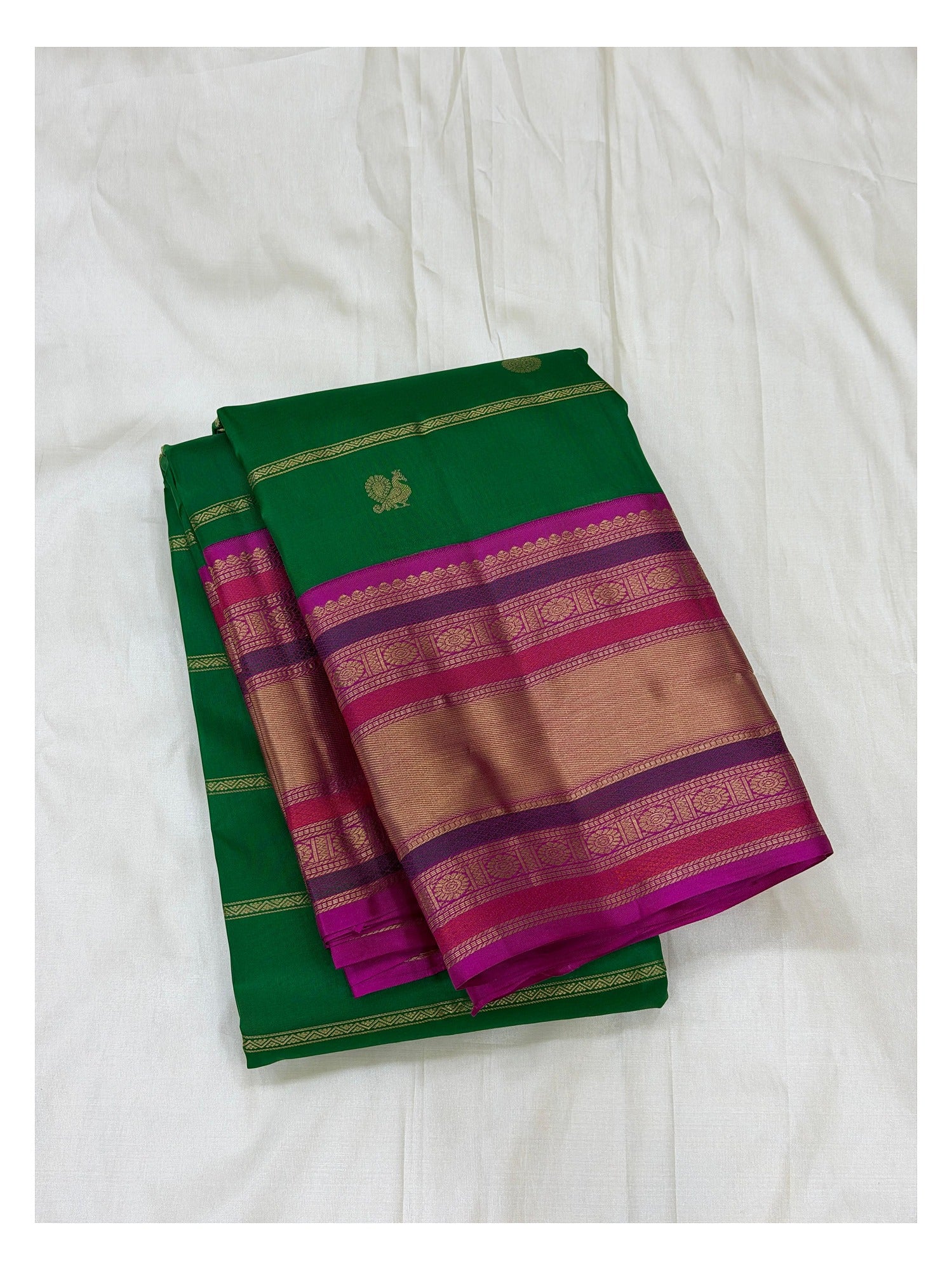 Pure Silk Saree - Emerald Green with Magenta Contrast Border front view