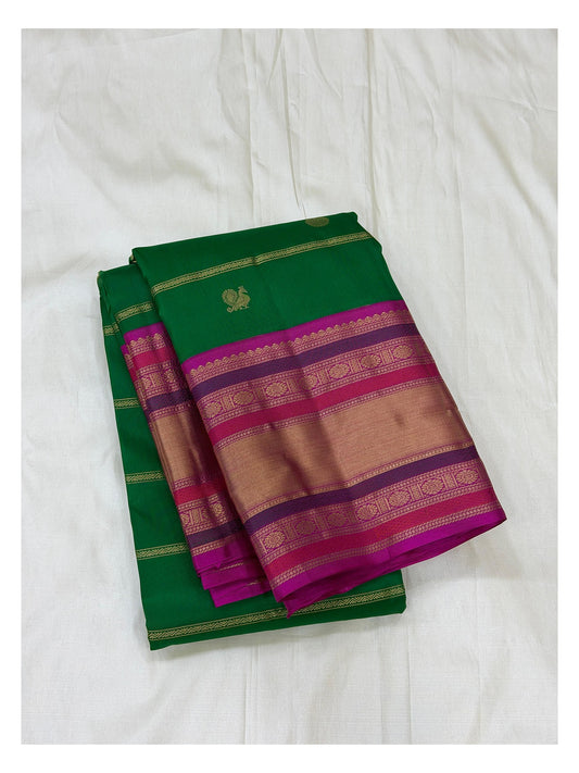 Pure Silk Saree - Emerald Green with Magenta Contrast Border front view