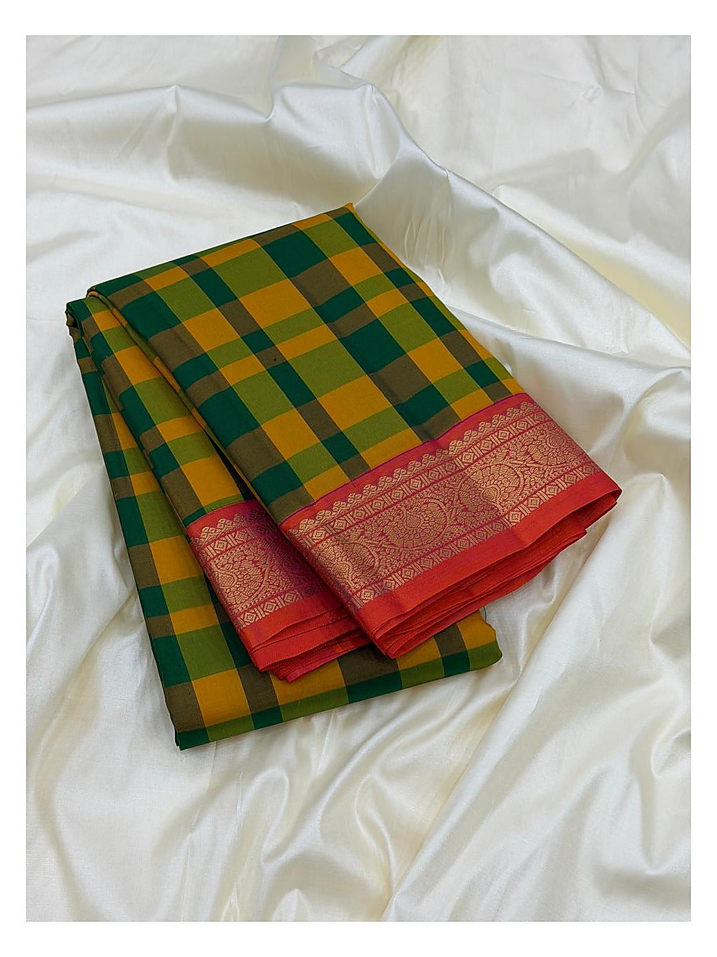 Pure Silk Saree - Green and Mustard Checks with Pink Zari Border front view