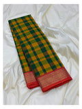 Pure Silk Saree - Green and Mustard Checks with Pink Zari Border