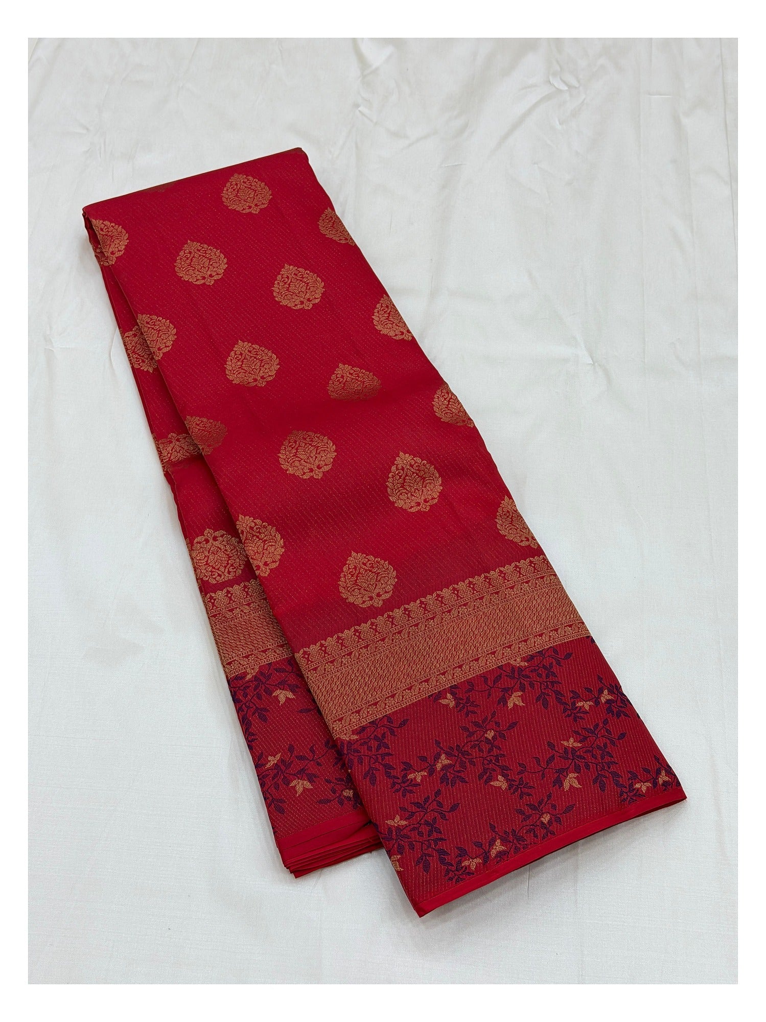 Pure Silk Saree in Crimson Red with Gold Buttas and Floral Vine Border