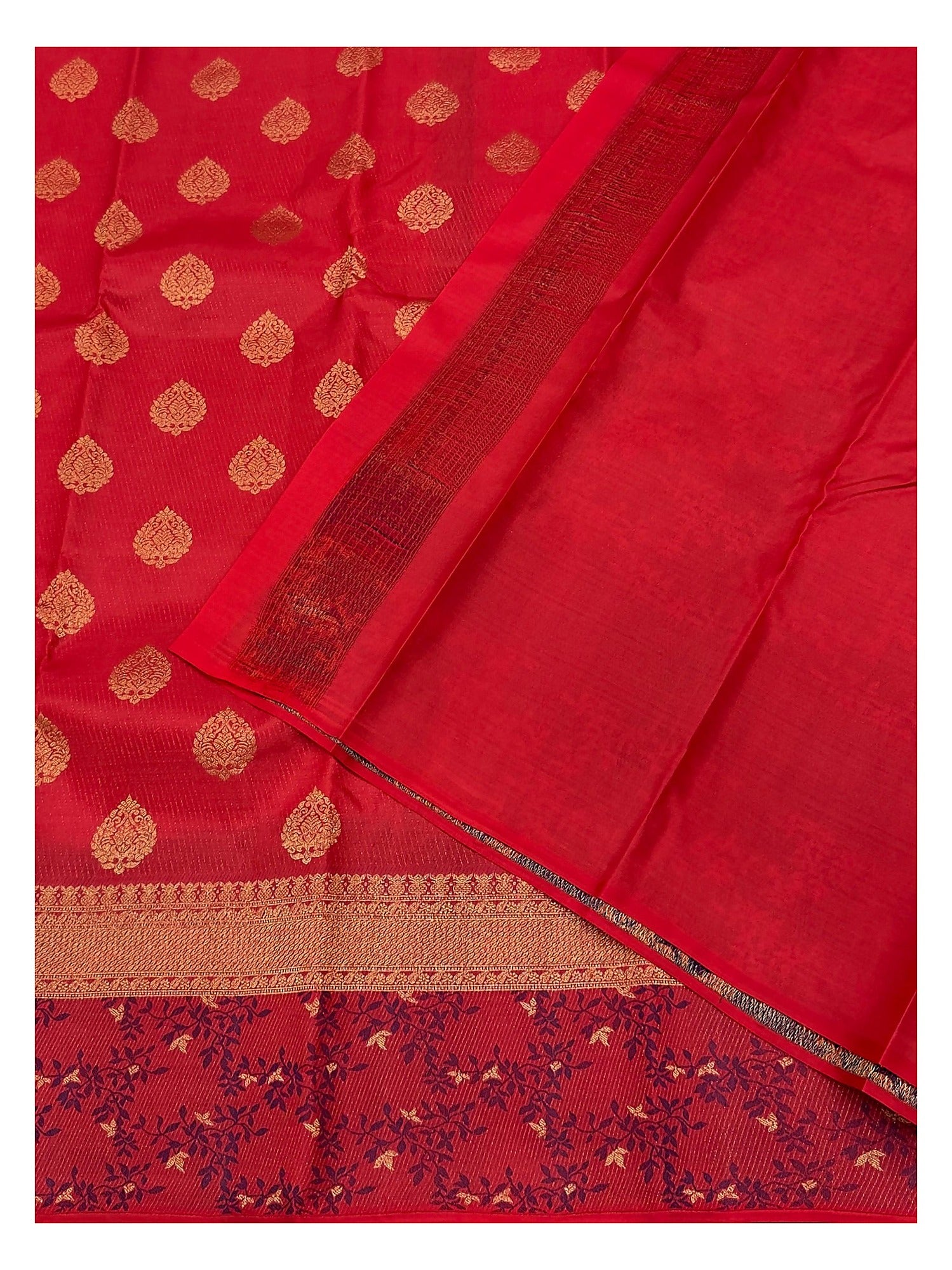 Pure Silk Saree in Crimson Red with Gold Buttas and Floral Vine Border