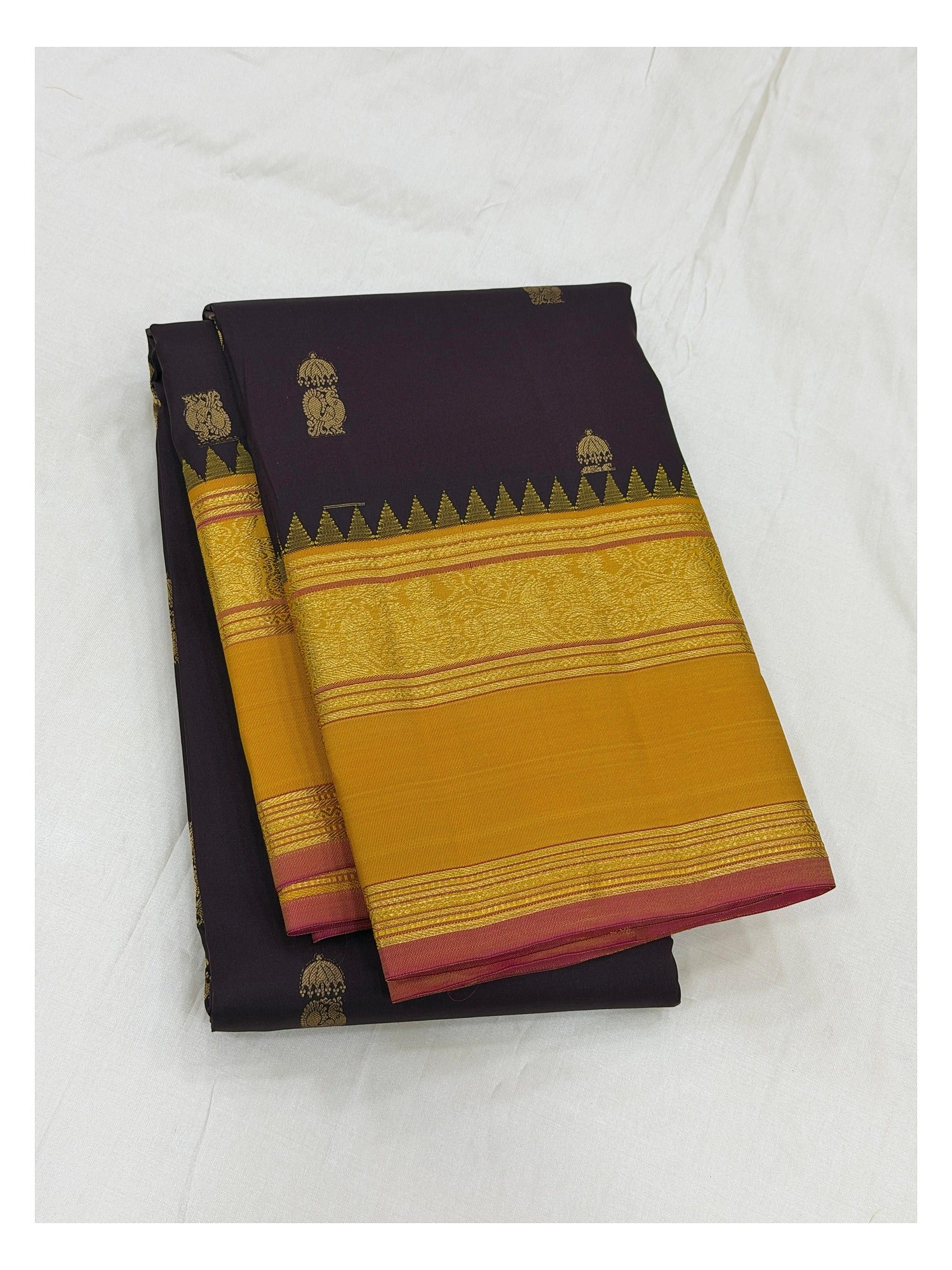 Pure Silk Saree in Deep Plum with Mustard Zari Border front view