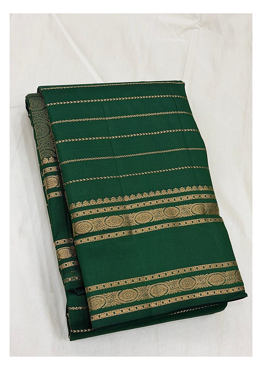 Pure Silk Saree in Emerald Green with Gold Woven Stripes and Geometric Pallu front view