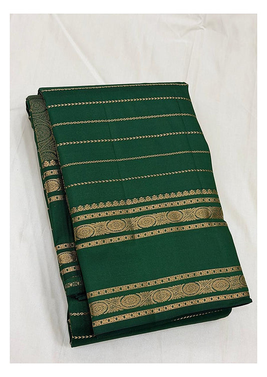 Pure Silk Saree in Emerald Green with Gold Woven Stripes and Geometric Pallu front view