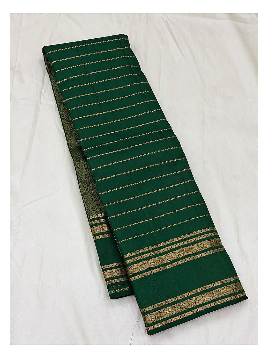 Pure Silk Saree in Emerald Green with Gold Woven Stripes and Geometric Pallu
