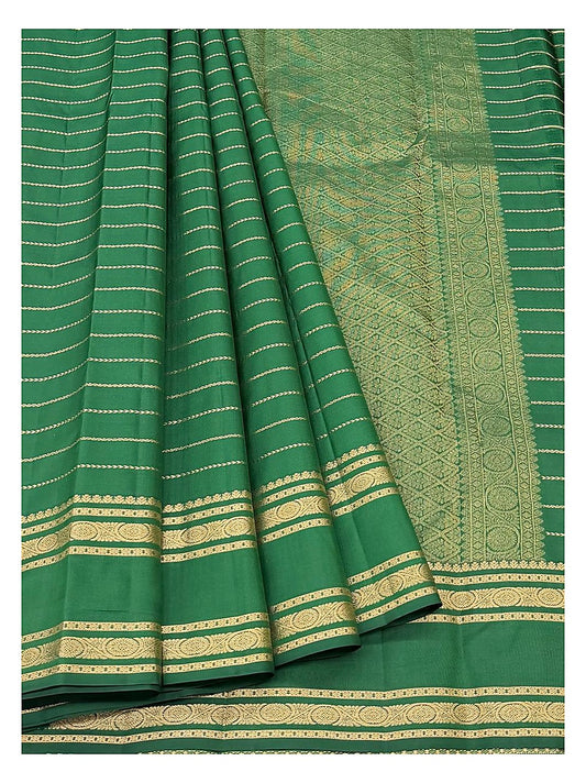 Pure Silk Saree in Emerald Green with Gold Woven Stripes and Geometric Pallu