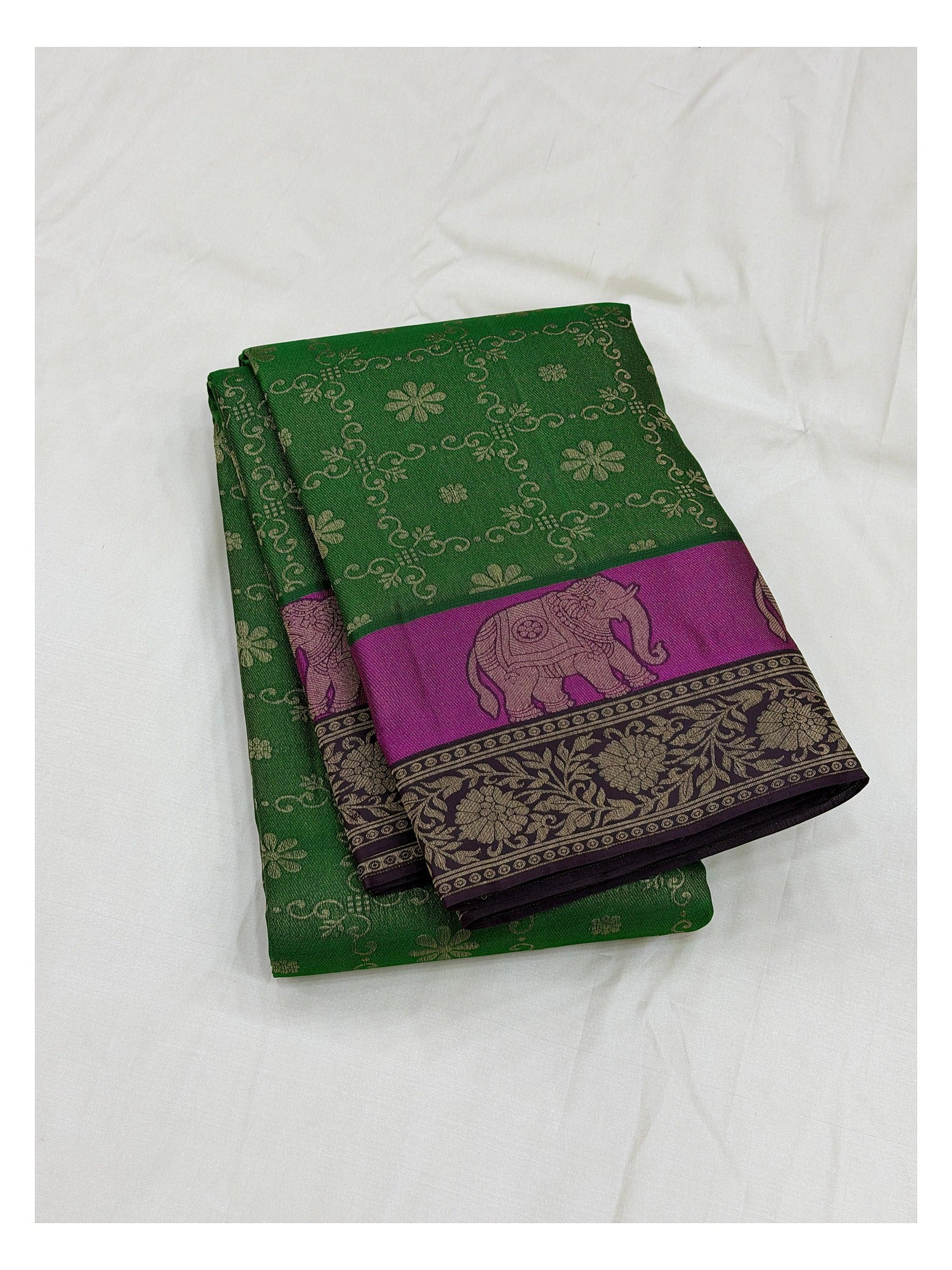 Pure Silk Saree in Emerald Green with Magenta Elephant Border and Deep Violet Pallu front view
