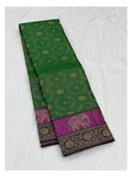 Pure Silk Saree in Emerald Green with Magenta Elephant Border and Deep Violet Pallu