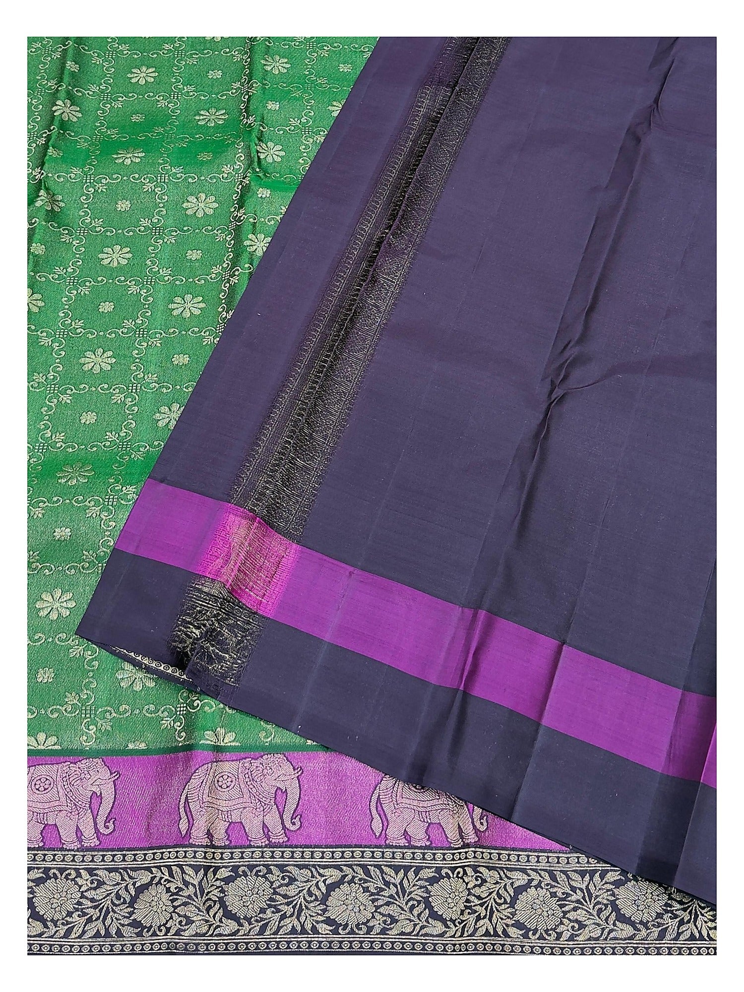 Pure Silk Saree in Emerald Green with Magenta Elephant Border and Deep Violet Pallu