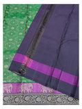 Pure Silk Saree in Emerald Green with Magenta Elephant Border and Deep Violet Pallu