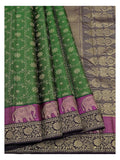 Pure Silk Saree in Emerald Green with Magenta Elephant Border and Deep Violet Pallu