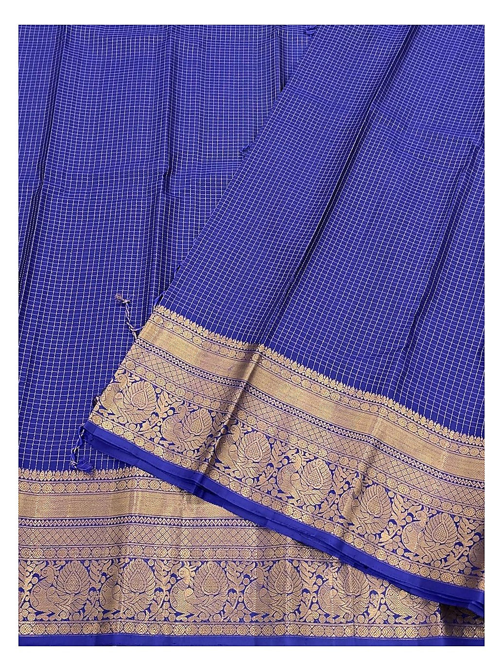 Pure Silk Saree in Royal Blue with Gold Zari Checks and Peacock Border