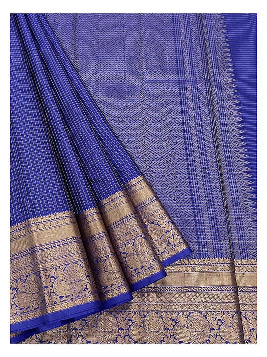 Pure Silk Saree in Royal Blue with Gold Zari Checks and Peacock Border