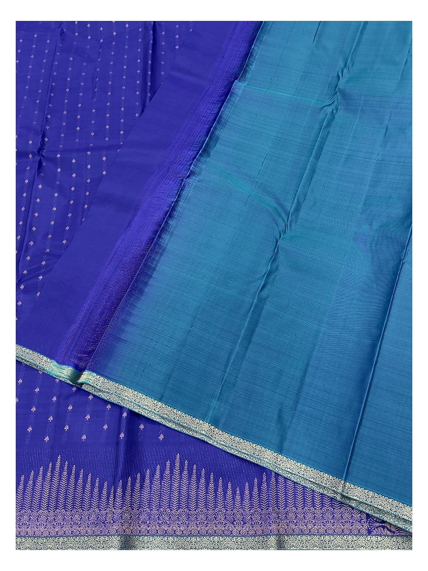 Pure Silk Saree in Royal Blue with Teal Contrast Pallu and Gold Woven Border