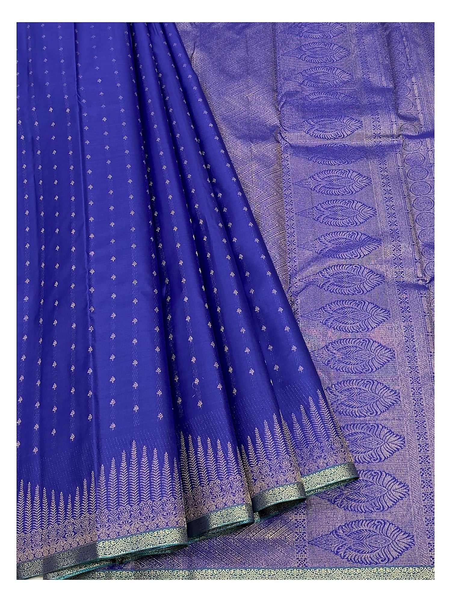 Pure Silk Saree in Royal Blue with Teal Contrast Pallu and Gold Woven Border