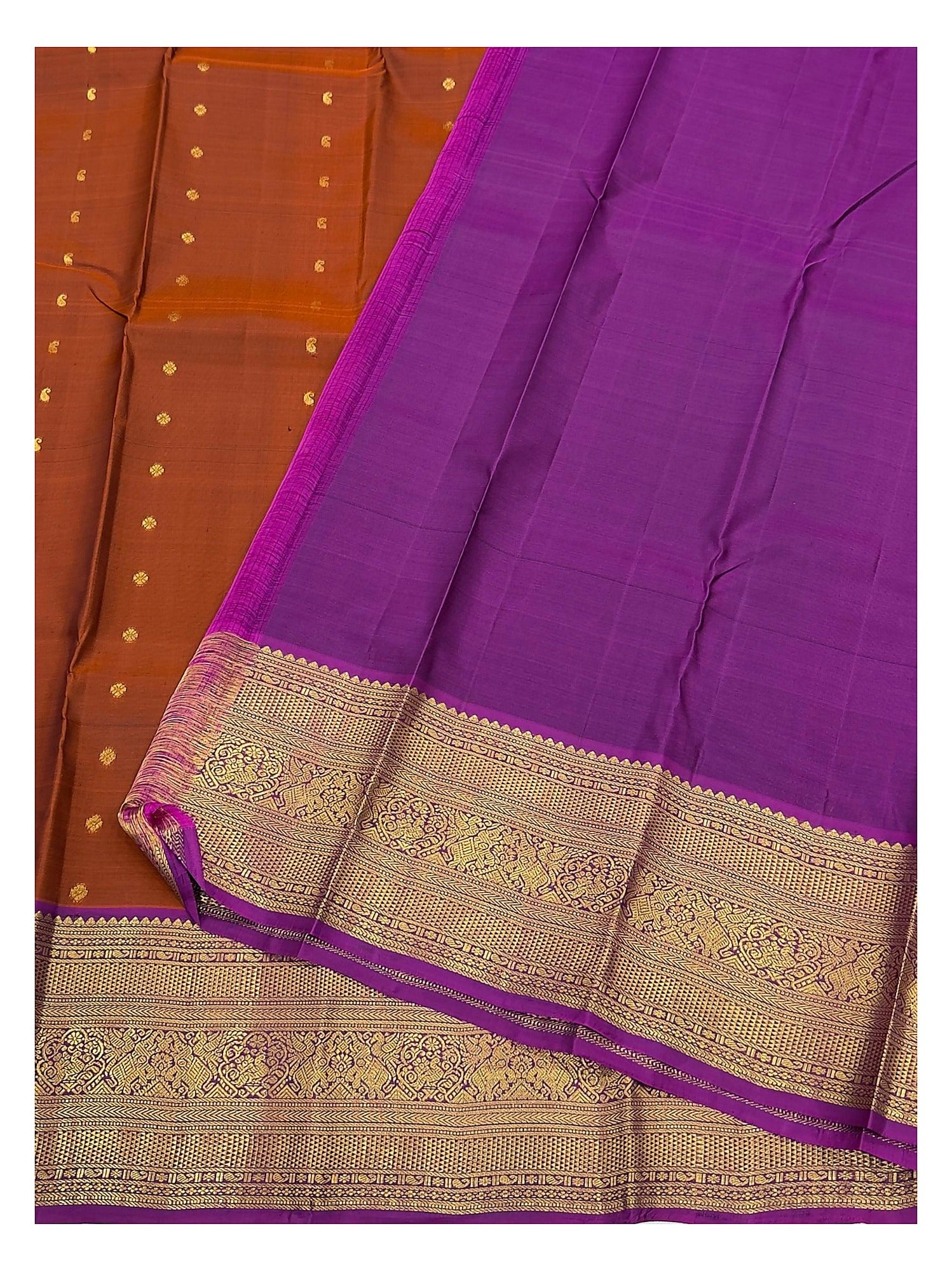 Pure Silk Saree in Rust Brown with Magenta Zari Border