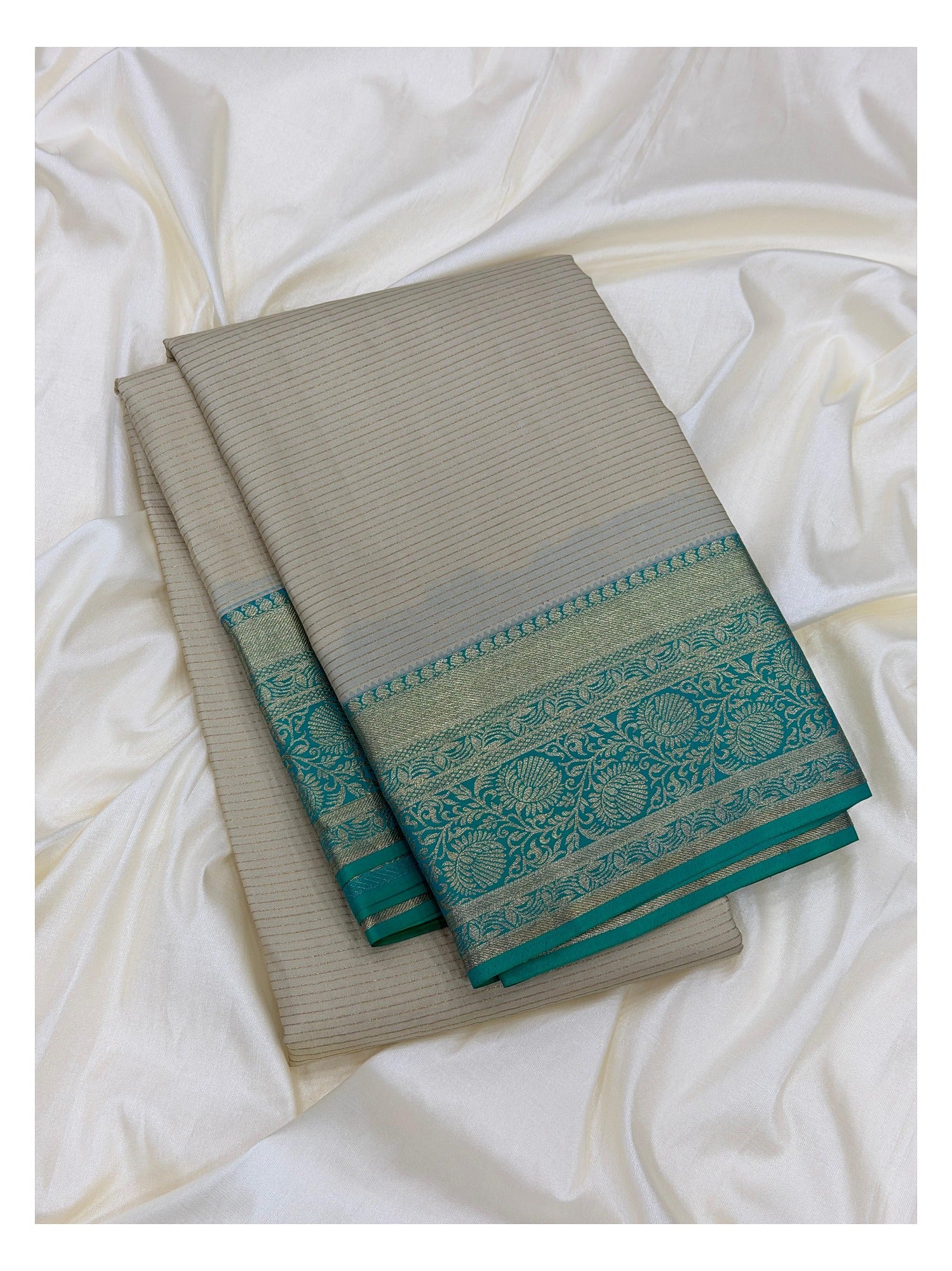 Pure Silk Saree - Ivory with Turquoise Zari Border front view