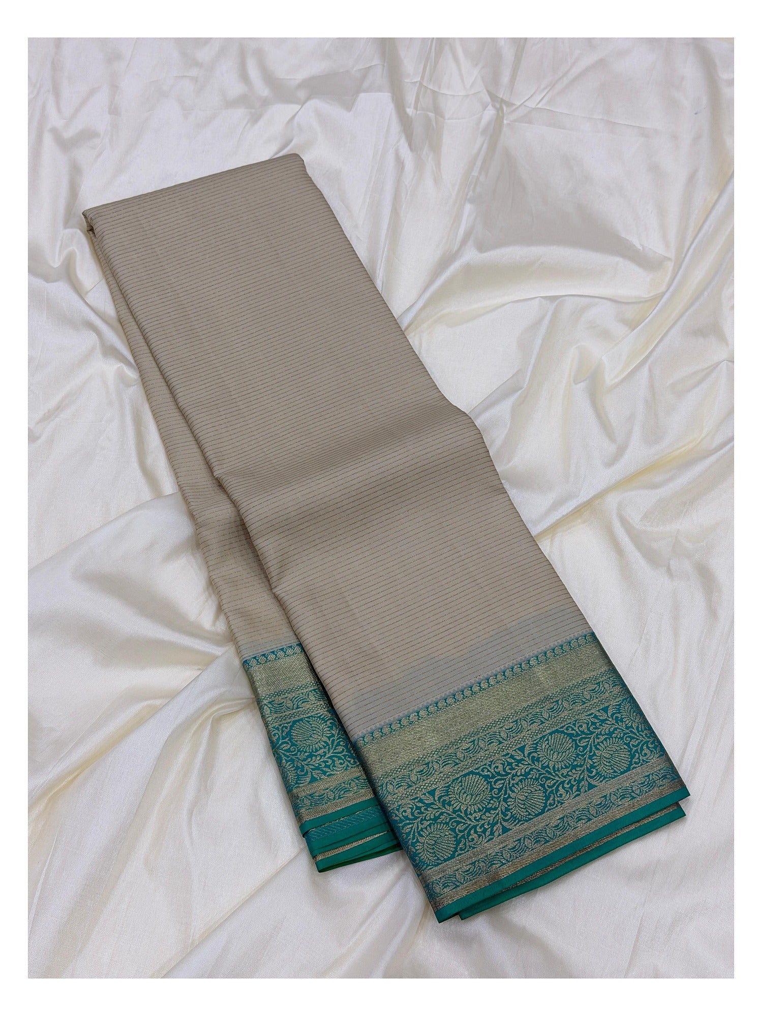 Pure Silk Saree - Ivory with Turquoise Zari Border