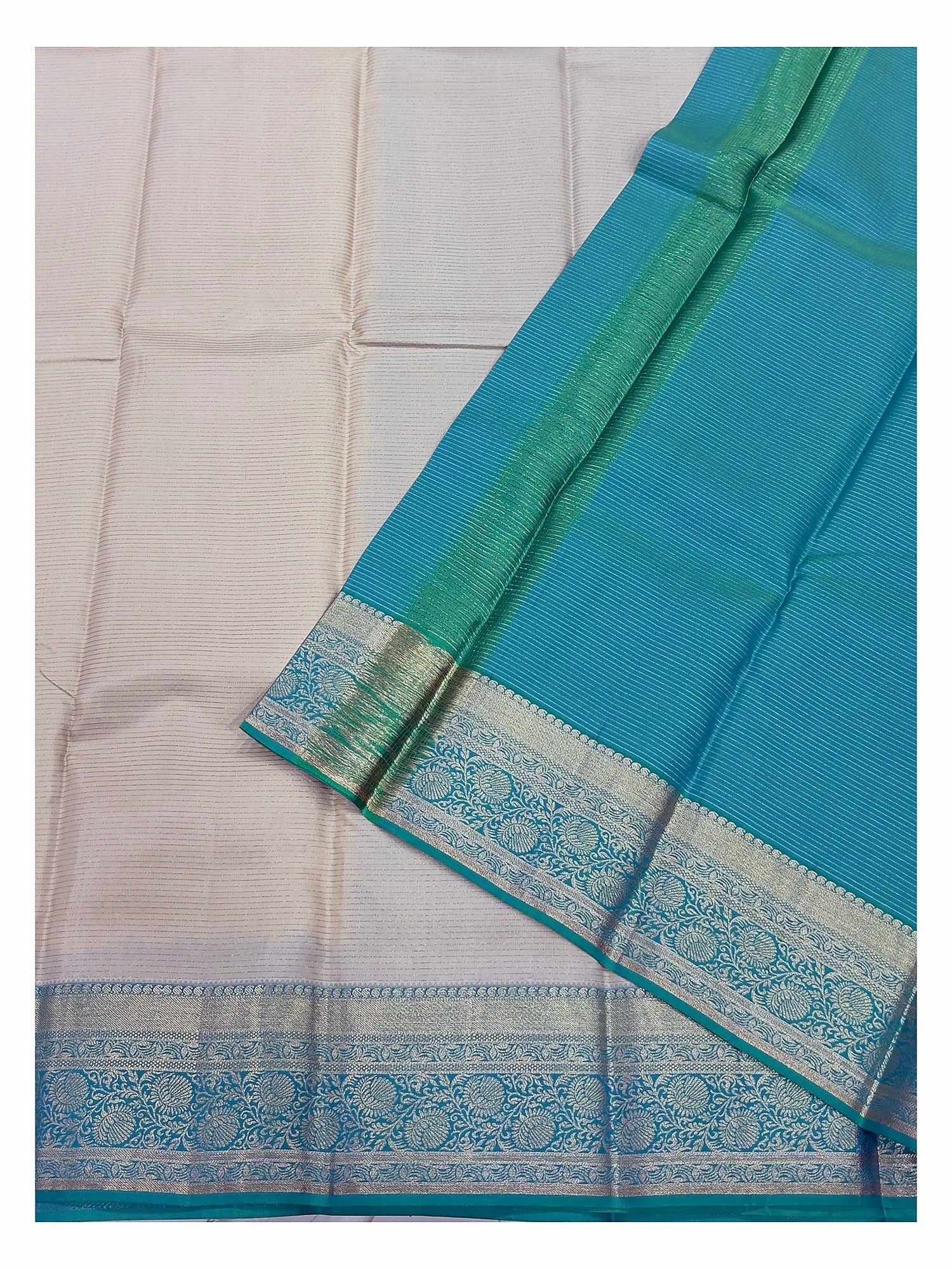 Pure Silk Saree - Ivory with Turquoise Zari Border