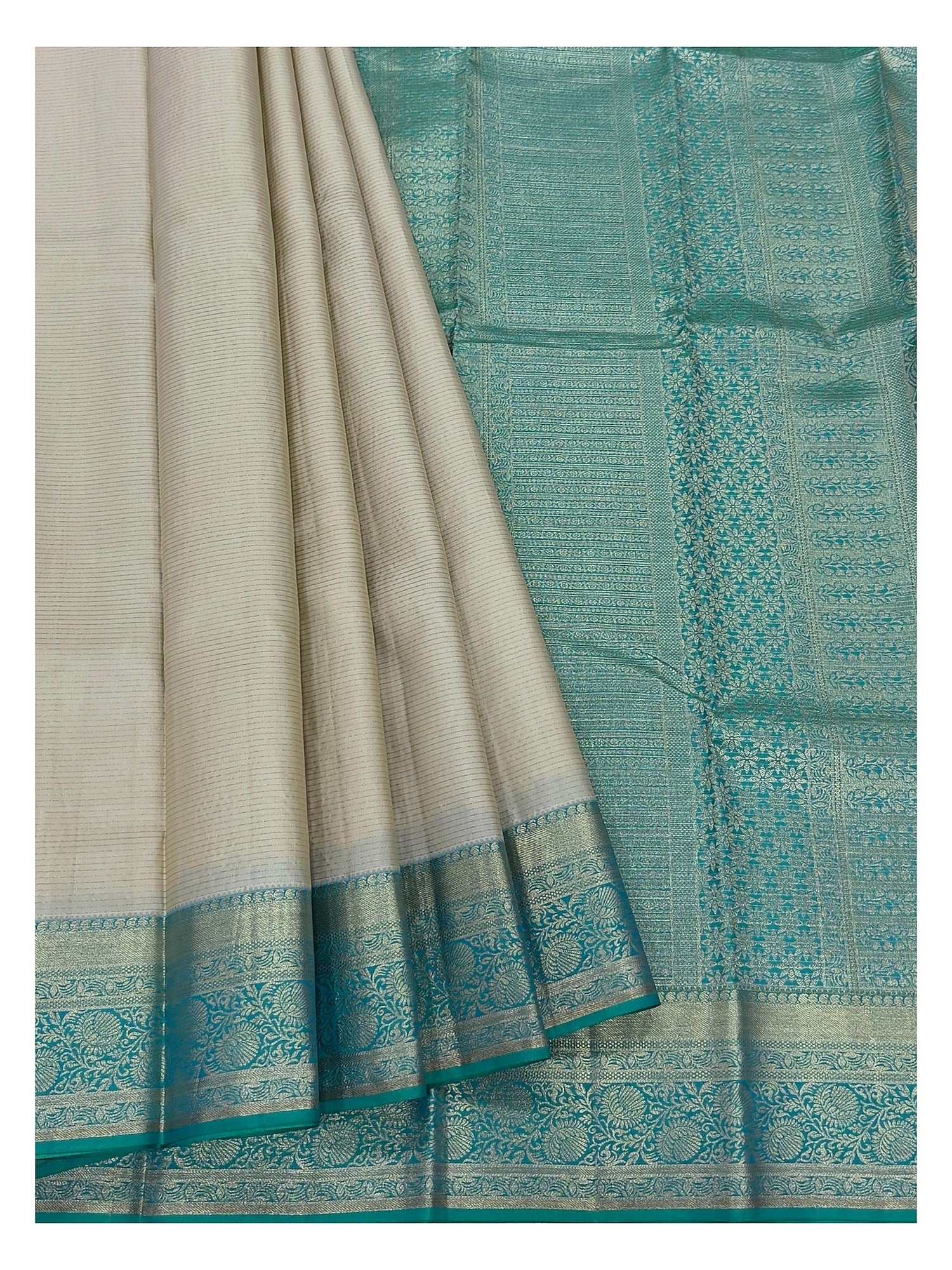 Pure Silk Saree - Ivory with Turquoise Zari Border