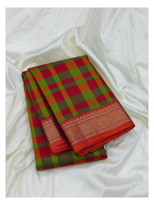 Pure Silk Saree - Multicolour Checks with Coral Zari Border front view