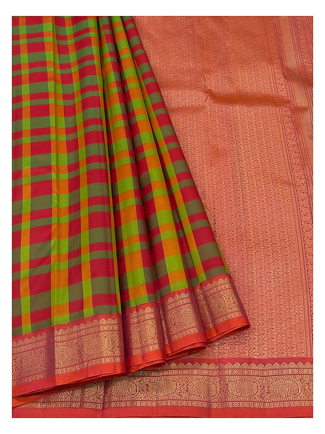 Pure Silk Saree - Multicolour Checks with Coral Zari Border