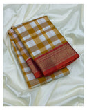 Pure Silk Saree - Mustard and Ivory Checks with Magenta Zari Border front view