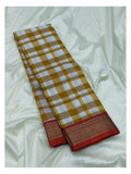 Pure Silk Saree - Mustard and Ivory Checks with Magenta Zari Border