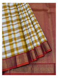 Pure Silk Saree - Mustard and Ivory Checks with Magenta Zari Border