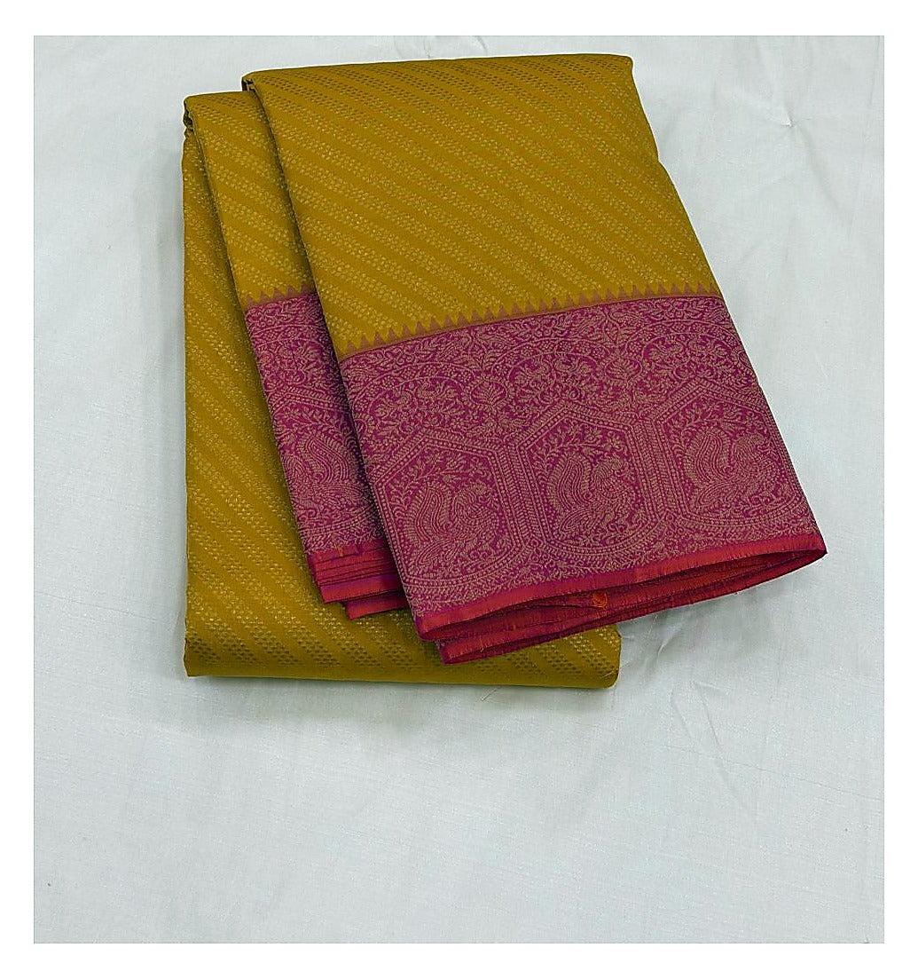 Pure Silk Saree - Mustard with Contrast Pink Woven Border front view