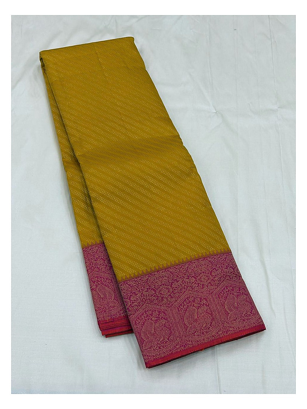Pure Silk Saree - Mustard with Contrast Pink Woven Border